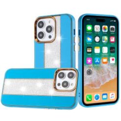iPhone 15 Pro Flashy Diamond Leather Sticked On Hybrid with Chrome Camera Edge - Blue