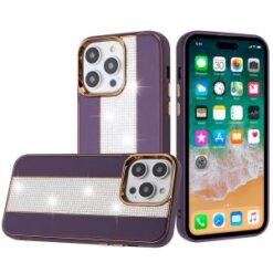 iPhone 15 Pro Flashy Diamond Leather Sticked On Hybrid with Chrome Camera Edge - Dark Purple