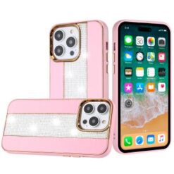 iPhone 15 Pro Flashy Diamond Leather Sticked On Hybrid with Chrome Camera Edge - Pink