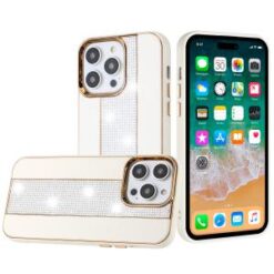 iPhone 15 Pro Flashy Diamond Leather Sticked On Hybrid with Chrome Camera Edge - White