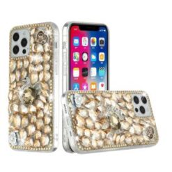 iP15 Pro Max Full Diamond with Ornaments Hard TPU Case Cover - Gold Swan Crown Pearl