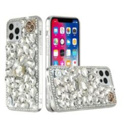 iP15 Pro Max Full Diamond with Ornaments Hard TPU Case Cover - Silver Swan Crown Pearl