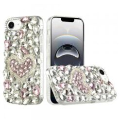 iPhone 16E / SE4 Full Diamond with Ornaments Hard TPU Case Cover - Hearty Pink Pearl Heart