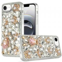iPhone 16E / SE4 Full Diamond with Ornaments Hard TPU Case Cover - Silver Panda Floral