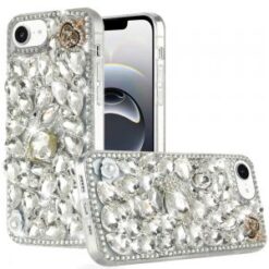 iPhone 16E / SE4 Full Diamond with Ornaments Hard TPU Case Cover - Silver Swan Crown Pearl