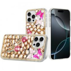 iPhone 16 Pro 6.3 inch Full Diamond with Ornaments Case Cover - Gold Exquisite Garden