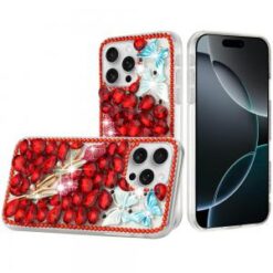 iPhone 16 Pro 6.3 inch Full Diamond with Ornaments Case Cover - Red Exquisite Garden