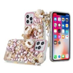 iP15 Pro Max Full Diamond with Ornaments Case Cover - Ultimate Multi Ornament Pink