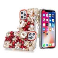 iP15 Pro Max Full Diamond with Ornaments Case Cover - Ultimate Multi Ornament Red