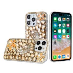 iP15 Pro Max Floral Full Diamond Bling Case Cover - Gold