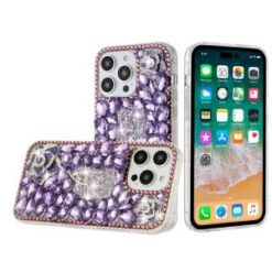 iP15 Pro Max Floral Full Diamond Bling Case Cover - Purple