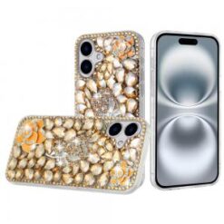 iPhone 16 6.1 inch Floral Full Diamond Bling Case Cover - Gold