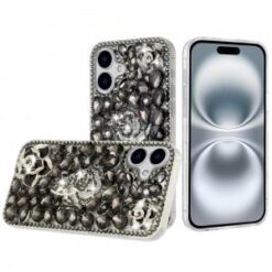 iPhone 16 6.1 inch Floral Full Diamond Bling Case Cover - Smoke