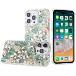iP15 Pro Max Rose Flower Full Diamond Bling Stones - Green