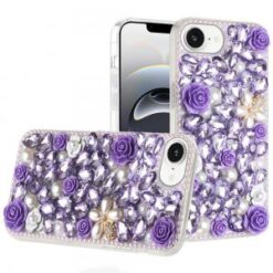 iPhone 16E / SE4 Rose Flower Full Diamond Bling Stones - Purple