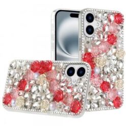 iPhone 16 6.1 inch Rose Flower Full Diamond Bling Stones - Red