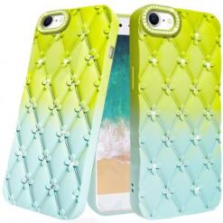 iPhone 16E / SE4 Floral Joy Glitter Shimmer Leather Feel Thick TPU Case - Light Green/Teal
