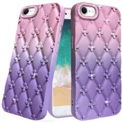 iPhone 16E / SE4 Floral Joy Glitter Shimmer Leather Feel Thick TPU Case - Light Pink/Light Purpl