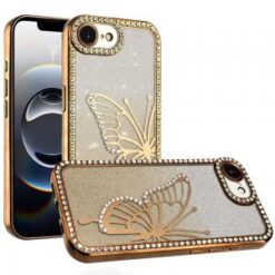 iPhone 16E (E edition) / SE4 (2025) Electroplated Butterfly With Diamonds Glitter Shimmer Hybrid