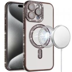 iP15 Pro Max Glitter Magnetic Circle All-Around Diamond Thick TPU with Camera Protection - Black