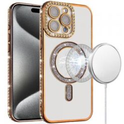 iP15 Pro Max Glitter Magnetic Circle All-Around Diamond Thick TPU with Camera Protection - Gold