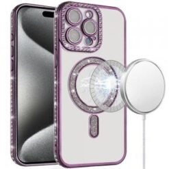 iP15 Pro Max Glitter Magnetic Circle All-Around Diamond Thick TPU with Camera Protection - Purpl