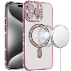 iP15 Pro Max Glitter Magnetic Circle All-Around Diamond Thick TPU with Camera Protection - Rose