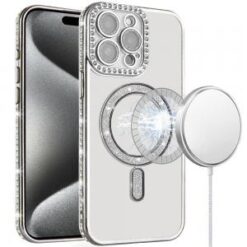 iP15 Pro Max Glitter Magnetic Circle All-Around Diamond Thick TPU with Camera Protection - Silve