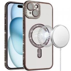 iPhone 15 Glitter Magnetic Circle All-Around Diamond Thick TPU with Camera Protection - Black