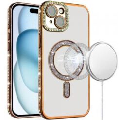 iPhone 15 Glitter Magnetic Circle All-Around Diamond Thick TPU with Camera Protection - Gold