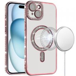 iPhone 15 Glitter Magnetic Circle All-Around Diamond Thick TPU with Camera Protection - Rose Gol