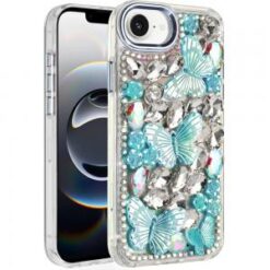 iPhone 16E (E edition) / SE4 (2025) Lavished Floral Butterfly Bling Stones Hybrid Case - Blue