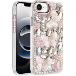 iPhone 16E (E edition) / SE4 (2025) Lavished Floral Butterfly Bling Stones Hybrid Case - Pink