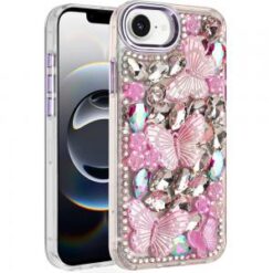 iPhone 16E (E edition) / SE4 (2025) Lavished Floral Butterfly Bling Stones Hybrid Case - Purple