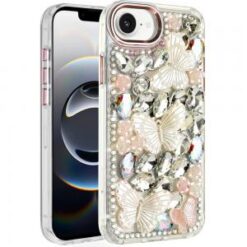 iPhone 16E (E edition) / SE4 (2025) Lavished Floral Butterfly Bling Stones Hybrid Case - Rose Go