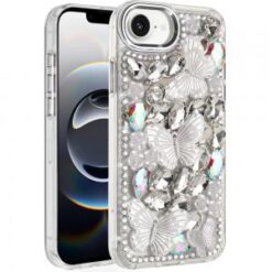 iPhone 16E (E edition) / SE4 (2025) Lavished Floral Butterfly Bling Stones Hybrid Case - Silver
