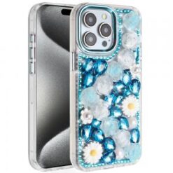 iP15 Pro Max Spectacular Full Bling Stones Glitter HQ Hybrid Floral Series - Blue