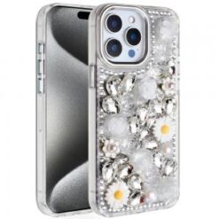 iP15 Pro Max Spectacular Full Bling Stones Glitter HQ Hybrid Floral Series - White