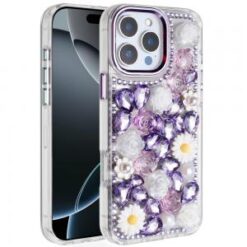 iPhone 16 Pro Max 6.9 Spectacular Full Bling Stones Glitter HQ Hybrid Floral Series - Purple