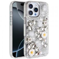 iPhone 16 Pro Max 6.9 Spectacular Full Bling Stones Glitter HQ Hybrid Floral Series - White