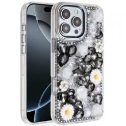 iPhone 16 Pro 6.3 inch Spectacular Full Bling Stones Glitter HQ Hybrid Floral Series - Black
