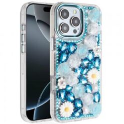 iPhone 16 Pro 6.3 inch Spectacular Full Bling Stones Glitter HQ Hybrid Floral Series - Blue