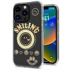 iPhone 15 Pro Smiling Glitter Ornament Bling With Ring Stand Hybrid Case Cover - Black
