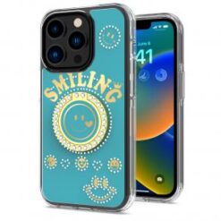 iPhone 15 Pro Smiling Glitter Ornament Bling With Ring Stand Hybrid Case Cover - Blue