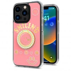 iPhone 15 Pro Smiling Glitter Ornament Bling With Ring Stand Hybrid Case Cover - Pink