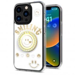 iPhone 15 Pro Smiling Glitter Ornament Bling With Ring Stand Hybrid Case Cover - White