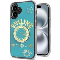 iPhone 16 Plus 6.7 inch Smiling Glitter Ornament Bling With Ring Stand Hybrid Case Cover - Blue
