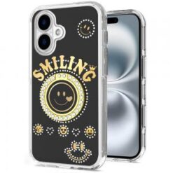 iPhone 16 6.1 inch Smiling Glitter Ornament Bling With Ring Stand Hybrid Case Cover - Black