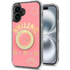 iPhone 16 6.1 inch Smiling Glitter Ornament Bling With Ring Stand Hybrid Case Cover - Pink