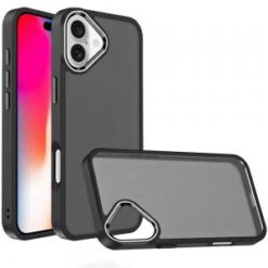 iPhone 16 6.1 inch Polished Oil Thick Acrylic Metal Button Hybrid Case Cover - Black